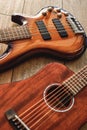 Choosing a guitar...Top view on two perfect polished musical instruments: acoustic and electric guitars are lying on the Royalty Free Stock Photo