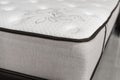 Choosing mattress. Close-up white mattress in furniture store. Copy space Royalty Free Stock Photo