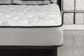 Choosing mattress. Close-up white mattress in furniture store. Copy space Royalty Free Stock Photo