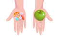 Choosing between medicine pills and natural treatment. Making decision between organic nutrition and medical tablets