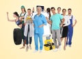 Choosing profession. People of different occupations on beige background Royalty Free Stock Photo