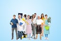 Choosing profession. People of different occupations on light blue background Royalty Free Stock Photo