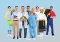 Choosing profession. People of different occupations on light blue background Royalty Free Stock Photo