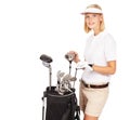 Choosing the right club for the job. Studio shot of an attractive young golfer isolated on white.