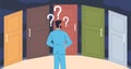 Choosing right door. Life choice concept, puzzled man thinks, big dilemma, cartoon confusing businessman character