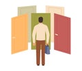 Choosing right door. Life choice, puzzled man Royalty Free Stock Photo