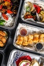 Choosing take away food. Spring rolls, dumplings, gyoza and dessert in lunch box. Take and go organic food. Thai and Asian