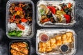 Choosing take away food. Spring rolls, dumplings, gyoza and dessert in lunch box. Take and go organic food. Thai and Asian Royalty Free Stock Photo