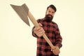 Chop it. Axe selective focus. Bearded man hold large axe handle isolated on white. Brutal lumberjack with iron axe