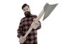 Chop it. Axe selective focus. Bearded man hold large axe handle isolated on white. Brutal lumberjack with iron axe