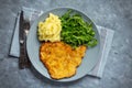 Chop pork cutlets , served with mashed potatoes and arugula. Royalty Free Stock Photo