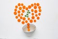 Chopped carrot slices heart shape and parsley leaves with bowl. Royalty Free Stock Photo