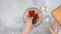 Chopped chicken fillet marinated with garlic, seasoning, paprika, and soy sauce close up in a glass bowl Royalty Free Stock Photo