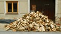 Chopped firewood logs stacked pile wood poplar storage for heating house, wood vintage attribute forest barbecue country