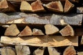 Chopped firewood is stacked in neat piles. Preparing firewood for winter. Woodpile. Background. Close-up. Royalty Free Stock Photo