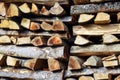 Chopped firewood is stacked in neat piles. Woodpile. Background. Close-up. Royalty Free Stock Photo