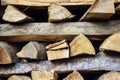 Chopped firewood is stacked in neat piles. Woodpile. Background. Close-up. Royalty Free Stock Photo