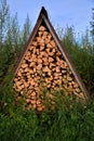 Chopped firewood stacked in rows stacked under triangular roof