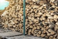 Chopped firewood storage under shed and oak wooden tree logs prepared for chopping and cutting at home backyard. Woodshed store at Royalty Free Stock Photo