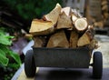 Chopped firewood on a wheelbarrow. Preparing for winter. Royalty Free Stock Photo