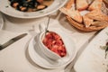 Chopped fresh tomato eat with toast bread. Bruschetta. Great for breakfast, Royalty Free Stock Photo