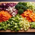 Chopped fresh vegetables on a cutting board. Selective focus.