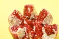 Chopped fruit. Small red grains. Pomegranate slices. Yellow background