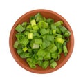 Chopped green onions in a small red clay bowl Royalty Free Stock Photo