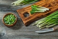 Chopped Green Onions Vintage Wooden Chopping Bard Kitchen Knife Royalty Free Stock Photo