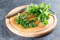 Chopped greens parsley and cilantro for making a spicy salad with bell peppers, carrots, vegetables and sesame seeds. Step by Royalty Free Stock Photo