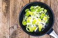 Chopped leeks in frying pan Royalty Free Stock Photo