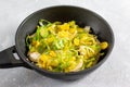 Chopped leeks in frying pan Royalty Free Stock Photo