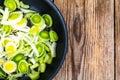 Chopped leeks in frying pan Royalty Free Stock Photo