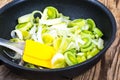 Chopped leeks in frying pan Royalty Free Stock Photo