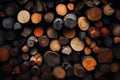 Chopped multicolored logs are stacked. A wall of firewood, a background of dry chopped firewood Royalty Free Stock Photo