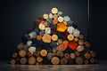 Chopped multicolored logs are stacked. A wall of firewood, a background of dry chopped firewood Royalty Free Stock Photo