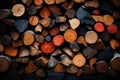 Chopped multicolored logs are stacked. A wall of firewood, a background of dry chopped firewood Royalty Free Stock Photo