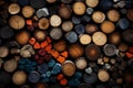 Chopped multicolored logs are stacked. A wall of firewood, a background of dry chopped firewood Royalty Free Stock Photo