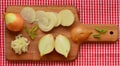 Chopped onion and slices of onion on chopping board Royalty Free Stock Photo