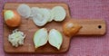 Chopped onion and slices of onion on chopping board Royalty Free Stock Photo