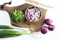 Chopped onions on chopping board Royalty Free Stock Photo
