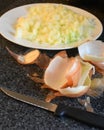 Chopped Onions with Peels and Knife