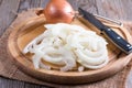 Chopped onions on wooden cutting board Royalty Free Stock Photo