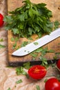 Chopped parsley on a chopping board Royalty Free Stock Photo