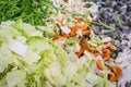 Chopped peking cabbage, tomato, shrimp for hot pot Royalty Free Stock Photo