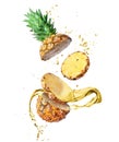 Chopped pineapple with splashes of juice in the air close-up on a white background