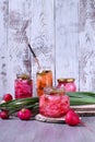 Chopped radish, carrot and red onion marinated in glass jars Royalty Free Stock Photo