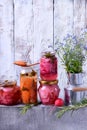 Chopped radish, carrot and red onion marinated in glass jars Royalty Free Stock Photo