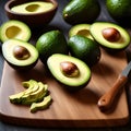 chopped raw avocado put on wooden cutting board.