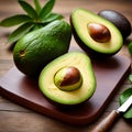 chopped raw avocado put on wooden cutting board.